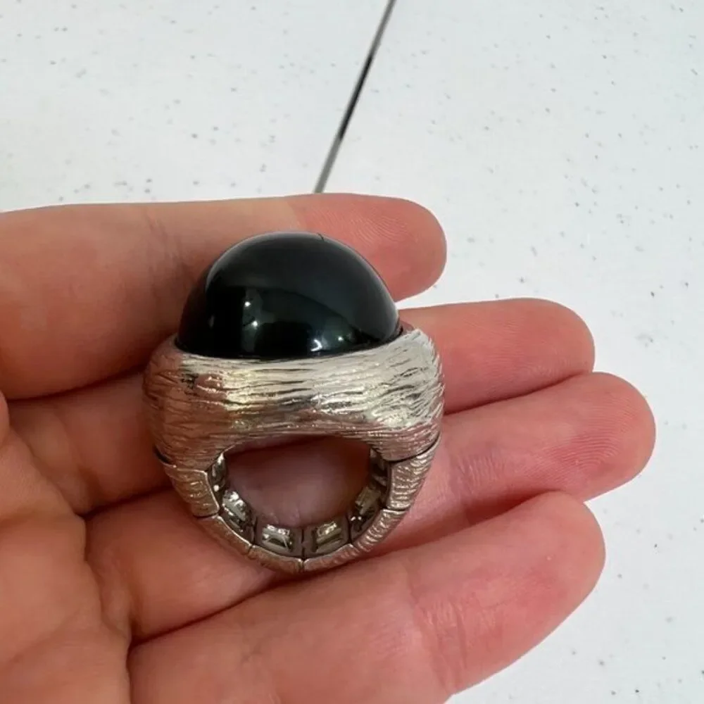 Cocktail Ring Black Silver Tone Stretch Adjustable Big Gaudy Dome Textured  Used
